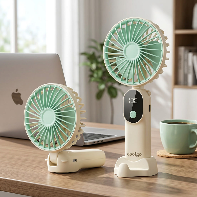 Mini Handheld Fan – USB Rechargeable | 6-Speed | Foldable Stand | LED Battery Display
