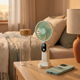 Mini Handheld Fan – USB Rechargeable | 6-Speed | Foldable Stand | LED Battery Display